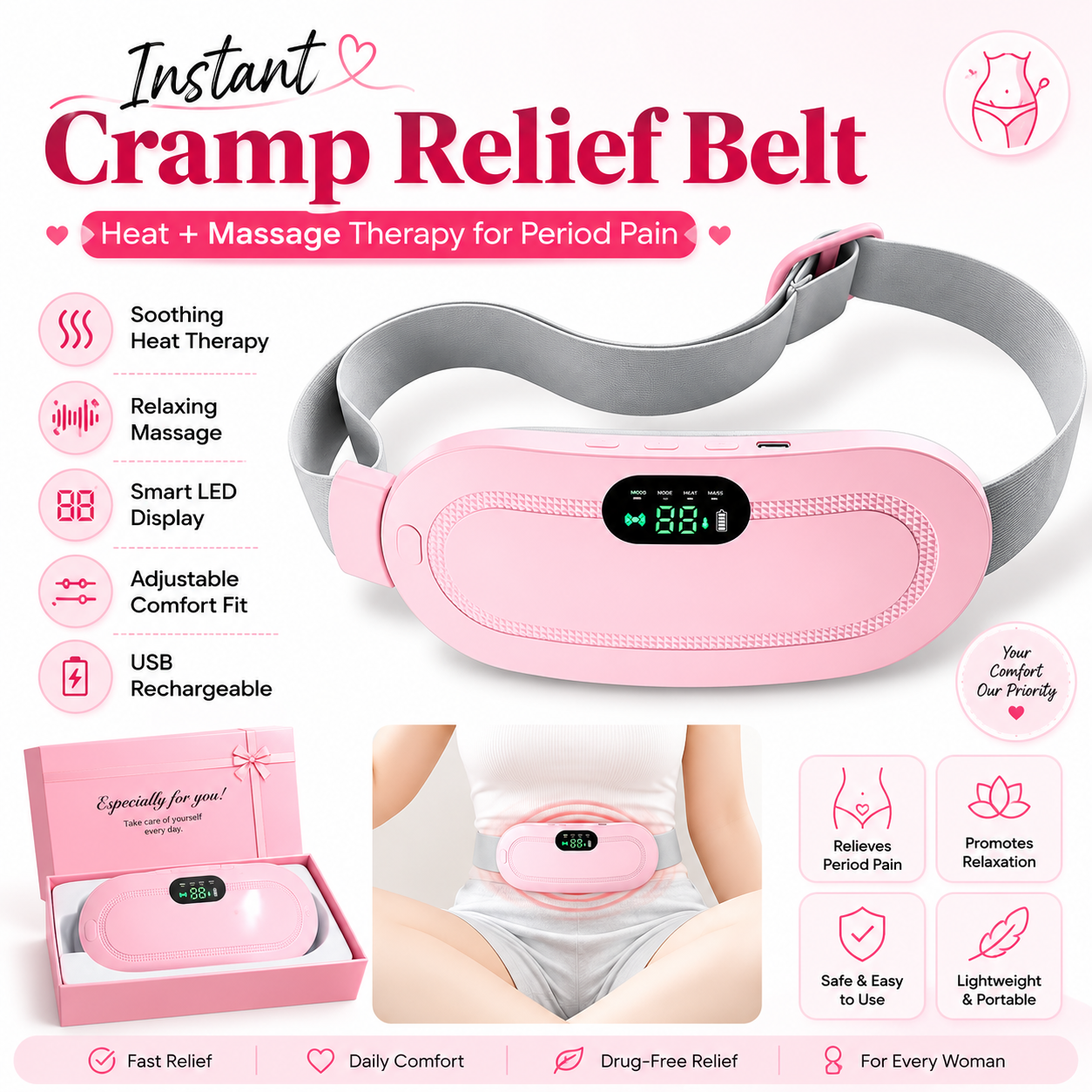 Period cramp relief heating belt - electric massager with adjustable heat and vibration for menstrual pain