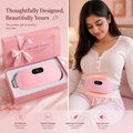 Woman wearing period cramp relief heating belt around waist for menstrual comfort