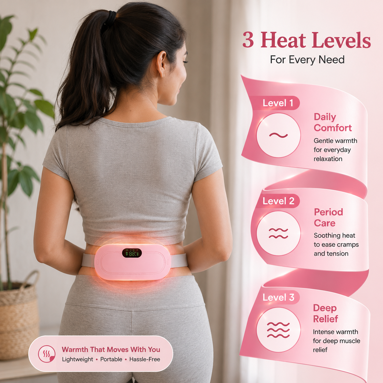 Period heating belt with adjustable heat levels for daily comfort and menstrual care