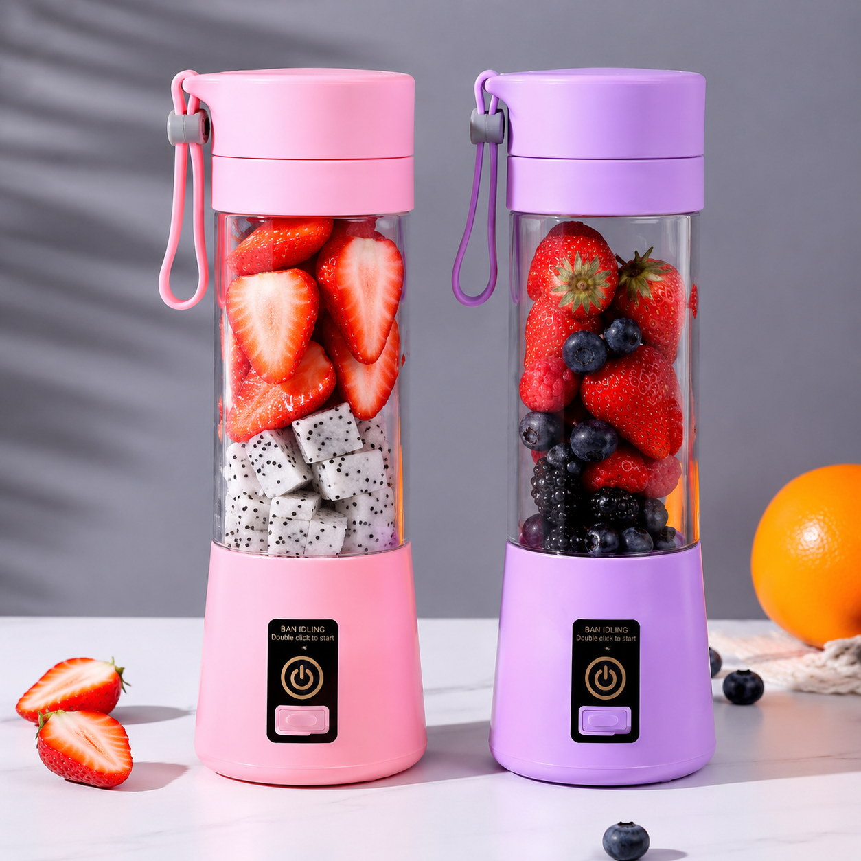 Get Livora portable mini juice blender with a sleek design, compact size, and transparent blending jar filled with fresh fruit.