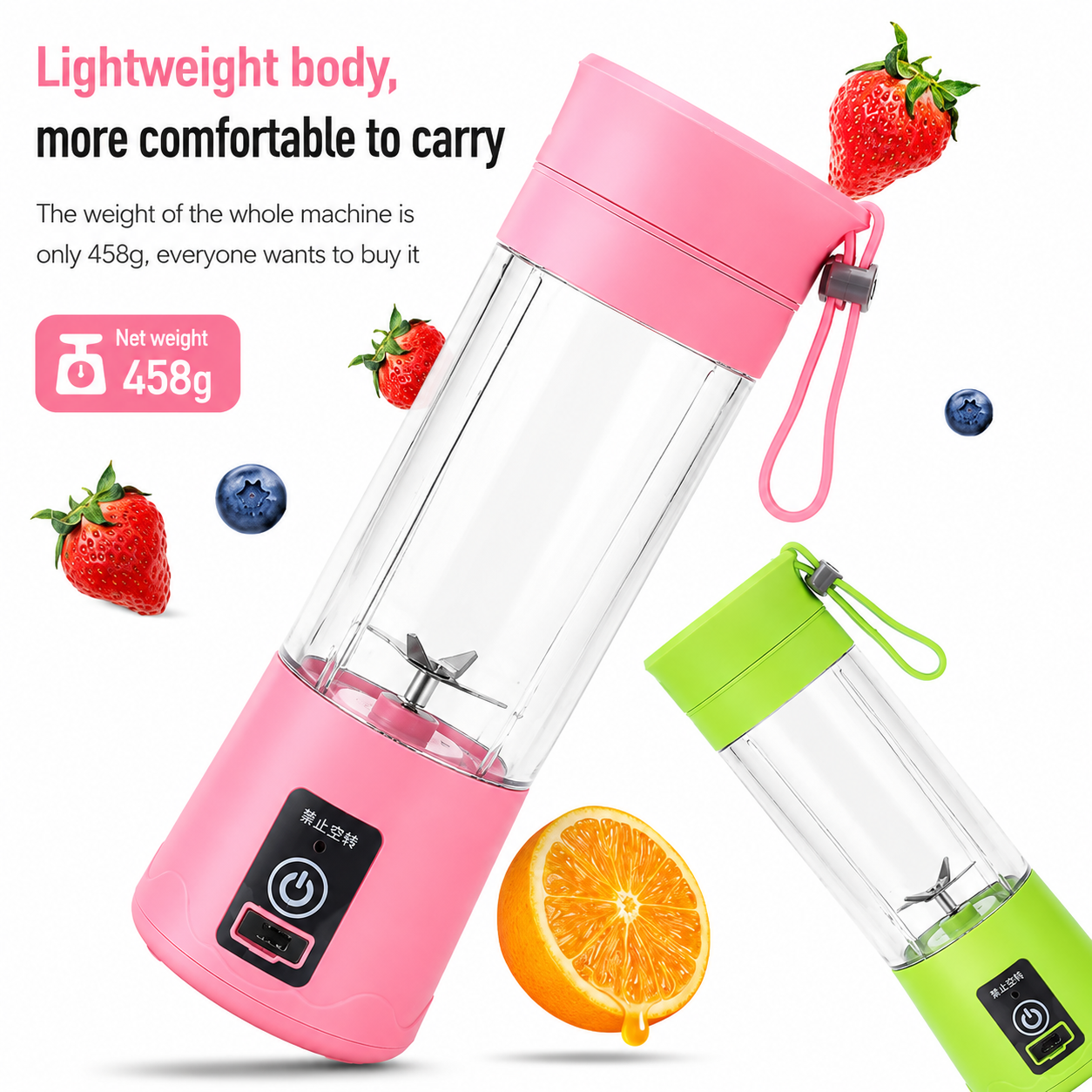Get Livora portable mini juice blender with a compact design, showing the blender with fresh fruit inside for smoothies.